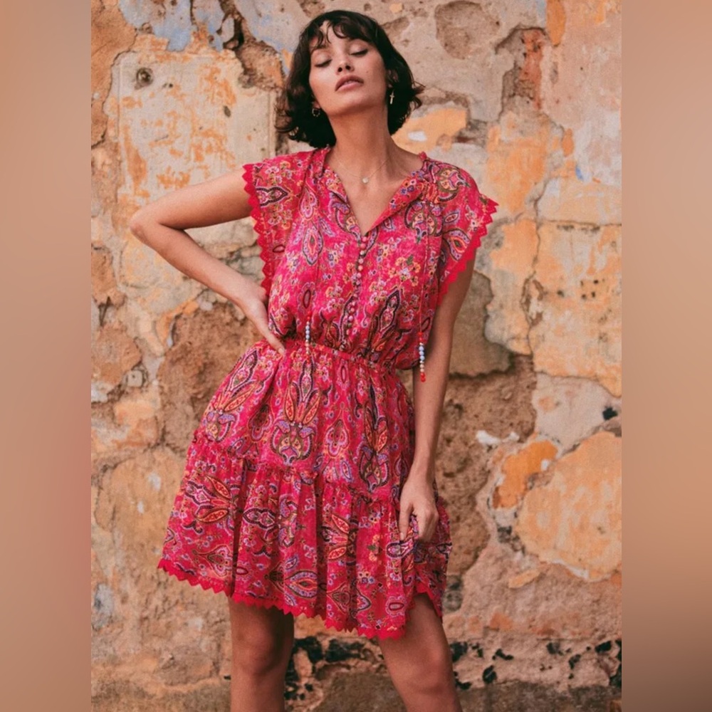 Sunrise by The Kooples Reef Paisley Print‎ Silk Chiffon Mini Dress Pink Size 2